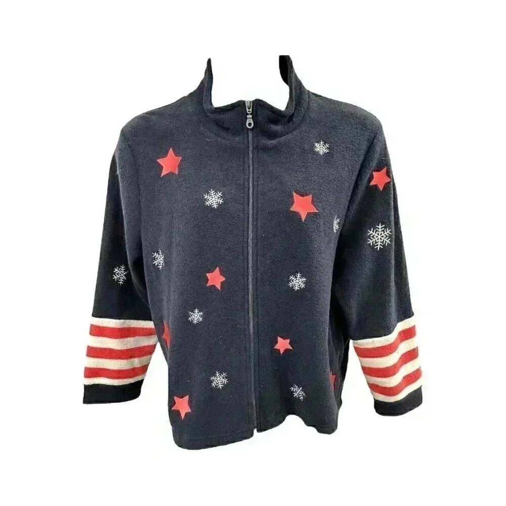 Christopher & Banks Navy Zip-Front Sweater with Red Stars & White Snowflakes